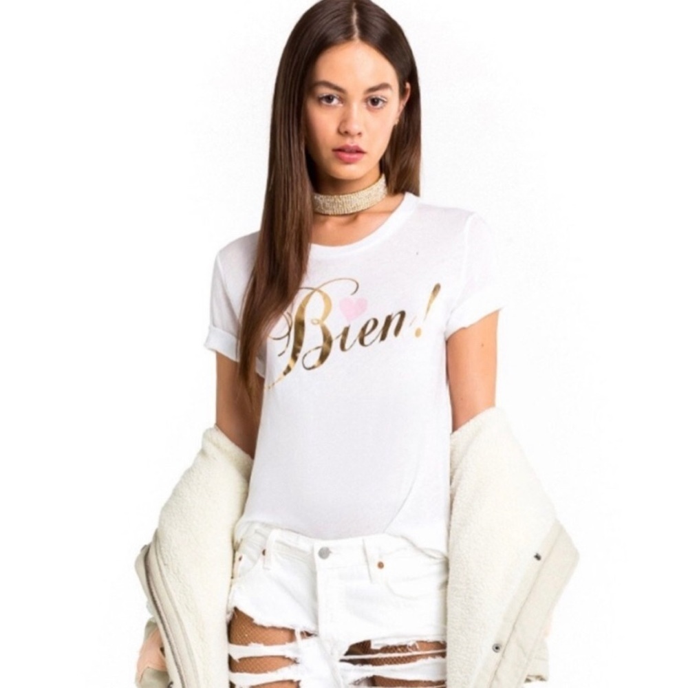 Wildfox NWT Bien Gold Script Tee White Pink Heart Rolled Hem Medium